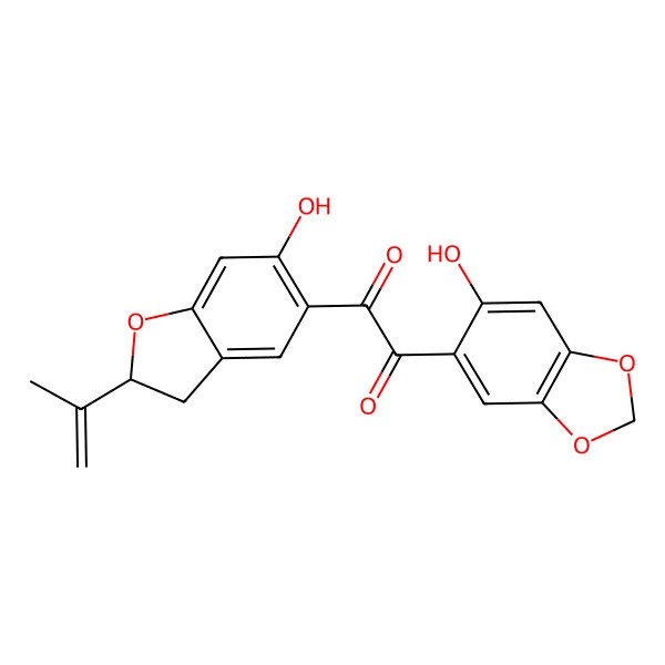 2D Structure of 1-(6-hydroxy-1,3-benzodioxol-5-yl)-2-[(2R)-6-hydroxy-2-prop-1-en-2-yl-2,3-dihydro-1-benzofuran-5-yl]ethane-1,2-dione
