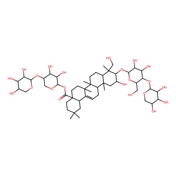 2D Structure of [(2S,3R,4R,5S)-3,4-dihydroxy-5-[(2S,3R,4S,5R)-3,4,5-trihydroxyoxan-2-yl]oxyoxan-2-yl] (4aS,6aR,6aS,6bR,8aR,9R,10R,11S,12aR,14bS)-10-[(2R,3R,4R,5S,6R)-3,4-dihydroxy-6-(hydroxymethyl)-5-[(2S,3R,4S,5R)-3,4,5-trihydroxyoxan-2-yl]oxyoxan-2-yl]oxy-11-hydroxy-9-(hydroxymethyl)-2,2,6a,6b,9,12a-hexamethyl-1,3,4,5,6,6a,7,8,8a,10,11,12,13,14b-tetradecahydropicene-4a-carboxylate
