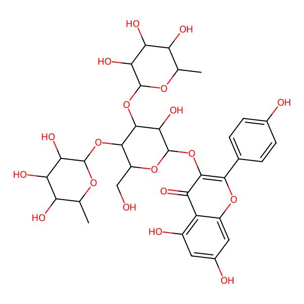 2D Structure of 5,7-dihydroxy-3-[(2S,3R,4S,5S,6R)-3-hydroxy-6-(hydroxymethyl)-5-[(2S,3S,4R,5R,6S)-3,4,5-trihydroxy-6-methyloxan-2-yl]oxy-4-[(2S,3S,4R,5R,6R)-3,4,5-trihydroxy-6-methyloxan-2-yl]oxyoxan-2-yl]oxy-2-(4-hydroxyphenyl)chromen-4-one