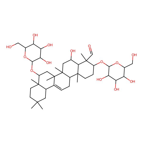2D Structure of 5-Hydroxy-4,6a,6b,8a,11,11,14b-heptamethyl-3,8-bis[[3,4,5-trihydroxy-6-(hydroxymethyl)oxan-2-yl]oxy]-1,2,3,4a,5,6,7,8,9,10,12,12a,14,14a-tetradecahydropicene-4-carbaldehyde