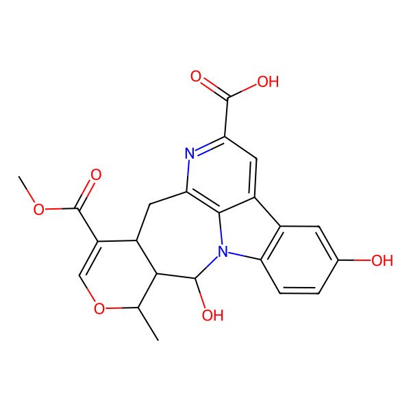 2D Structure of (14R,18R,19S,20R)-5,20-dihydroxy-15-methoxycarbonyl-18-methyl-17-oxa-1,11-diazapentacyclo[10.8.1.02,7.08,21.014,19]henicosa-2(7),3,5,8,10,12(21),15-heptaene-10-carboxylic acid