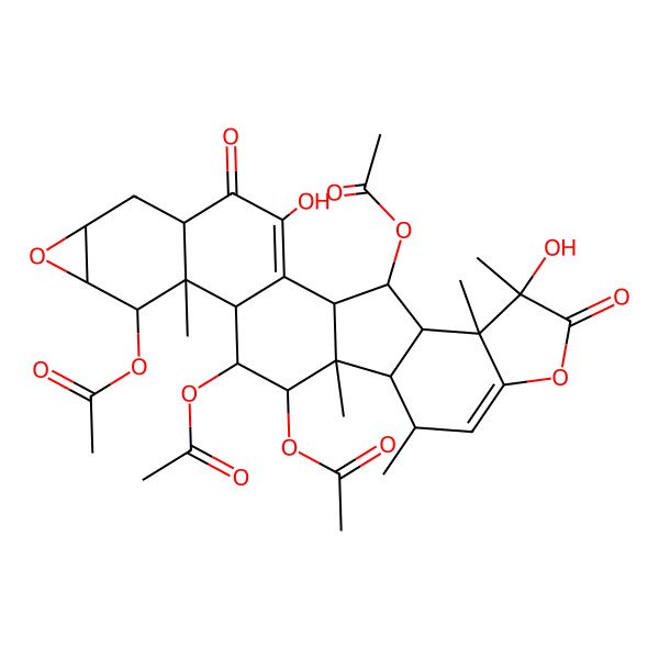 2D Structure of [(1R,5S,7S,9S,10R,11R,12R,13S,14R,15R,16S,17S,22S,23S,24R,25S)-10,13,14-triacetyloxy-3,22-dihydroxy-11,15,17,22,23-pentamethyl-4,21-dioxo-8,20-dioxaheptacyclo[13.10.0.02,12.05,11.07,9.016,24.019,23]pentacosa-2,18-dien-25-yl] acetate