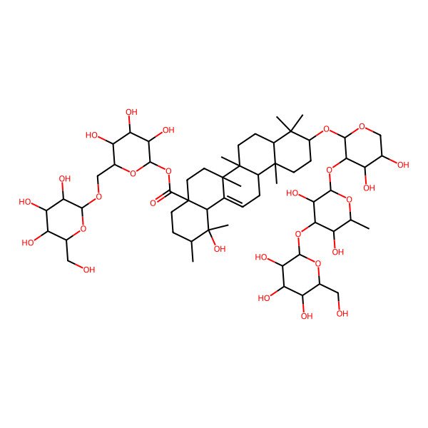 2D Structure of [(2S,3R,4S,5S,6R)-3,4,5-trihydroxy-6-[[(2S,3R,4S,5S,6R)-3,4,5-trihydroxy-6-(hydroxymethyl)oxan-2-yl]oxymethyl]oxan-2-yl] (1R,2R,4aS,6aR,6aS,6bR,8aR,10S,12aR,14bS)-10-[(2S,3R,4S,5S)-3-[(2S,3R,4R,5S,6S)-3,5-dihydroxy-6-methyl-4-[(2S,3R,4S,5S,6R)-3,4,5-trihydroxy-6-(hydroxymethyl)oxan-2-yl]oxyoxan-2-yl]oxy-4,5-dihydroxyoxan-2-yl]oxy-1-hydroxy-1,2,6a,6b,9,9,12a-heptamethyl-2,3,4,5,6,6a,7,8,8a,10,11,12,13,14b-tetradecahydropicene-4a-carboxylate