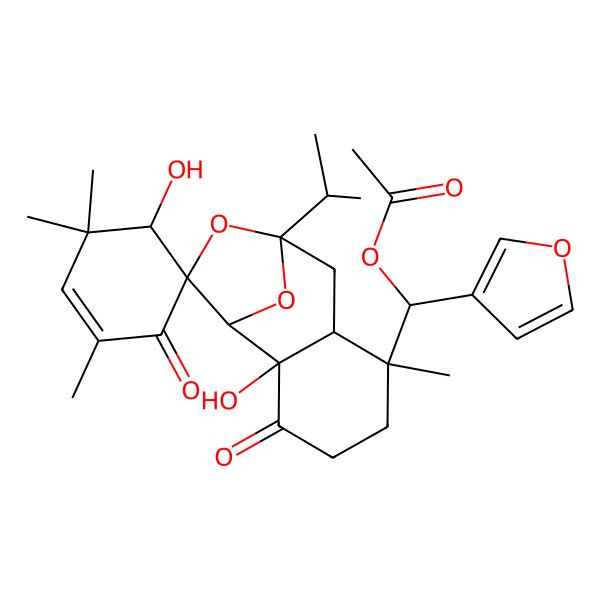 2D Structure of [(R)-[(1S,2R,4'S,6R,7R,9R,11S)-2,4'-dihydroxy-1',3',3',6-tetramethyl-3,6'-dioxo-9-propan-2-ylspiro[10,12-dioxatricyclo[7.2.1.02,7]dodecane-11,5'-cyclohexene]-6-yl]-(furan-3-yl)methyl] acetate