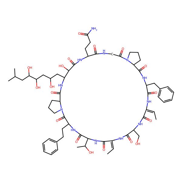 2D Structure of 3-[(6S,9S,10S,13S,19S,22R,25E,28S,31Z,34S,37S)-34-benzyl-25,31-di(ethylidene)-9-hydroxy-22-[(1S)-1-hydroxyethyl]-28-(hydroxymethyl)-2,5,8,12,18,21,24,27,30,33,36-undecaoxo-19-(2-phenylethyl)-10-[(2R,4R,5R)-2,4,5-trihydroxy-7-methyloctyl]-1,4,7,11,17,20,23,26,29,32,35-undecazatricyclo[35.3.0.013,17]tetracontan-6-yl]propanamide