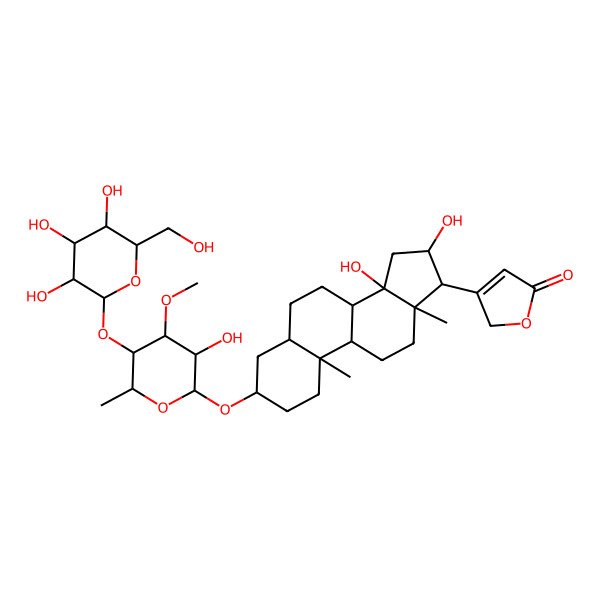 2D Structure of 3-[(3S,5R,8R,9S,10S,13R,14S,16S,17R)-14,16-dihydroxy-3-[(2S,3R,4R,5S,6S)-3-hydroxy-4-methoxy-6-methyl-5-[(2S,3R,4S,5R,6S)-3,4,5-trihydroxy-6-(hydroxymethyl)oxan-2-yl]oxyoxan-2-yl]oxy-10,13-dimethyl-1,2,3,4,5,6,7,8,9,11,12,15,16,17-tetradecahydrocyclopenta[a]phenanthren-17-yl]-2H-furan-5-one