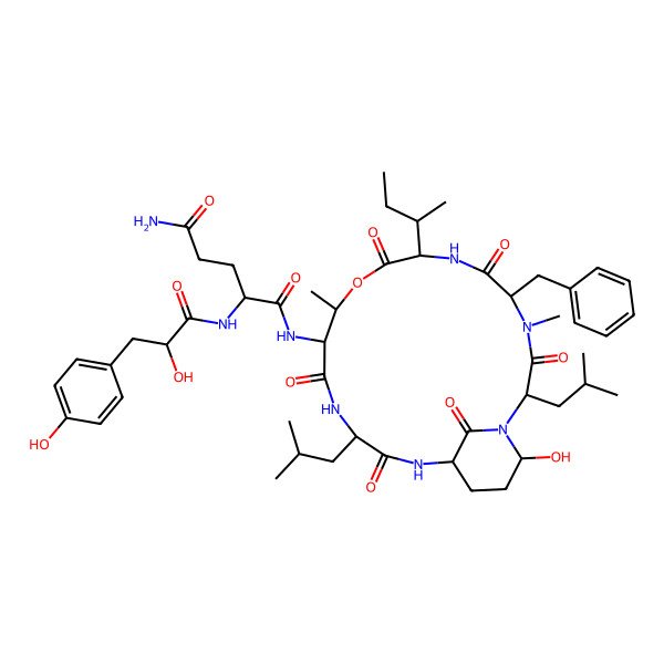 2D Structure of N-[5-benzyl-8-butan-2-yl-21-hydroxy-4,11-dimethyl-2,15-bis(2-methylpropyl)-3,6,9,13,16,22-hexaoxo-10-oxa-1,4,7,14,17-pentazabicyclo[16.3.1]docosan-12-yl]-2-[[2-hydroxy-3-(4-hydroxyphenyl)propanoyl]amino]pentanediamide