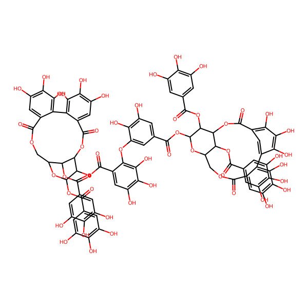2D Structure of [6,7,8,11,12,13-Hexahydroxy-3,16-dioxo-21,23-bis[(3,4,5-trihydroxybenzoyl)oxy]-2,17,20-trioxatetracyclo[17.3.1.04,9.010,15]tricosa-4,6,8,10,12,14-hexaen-22-yl] 2-[5-[[3,4,5,19,20,21-hexahydroxy-8,17-dioxo-14,23-bis[(3,4,5-trihydroxybenzoyl)oxy]-9,12,16-trioxatetracyclo[16.3.1.111,15.02,7]tricosa-1(22),2,4,6,18,20-hexaen-13-yl]oxycarbonyl]-2,3-dihydroxyphenoxy]-3,4,5-trihydroxybenzoate
