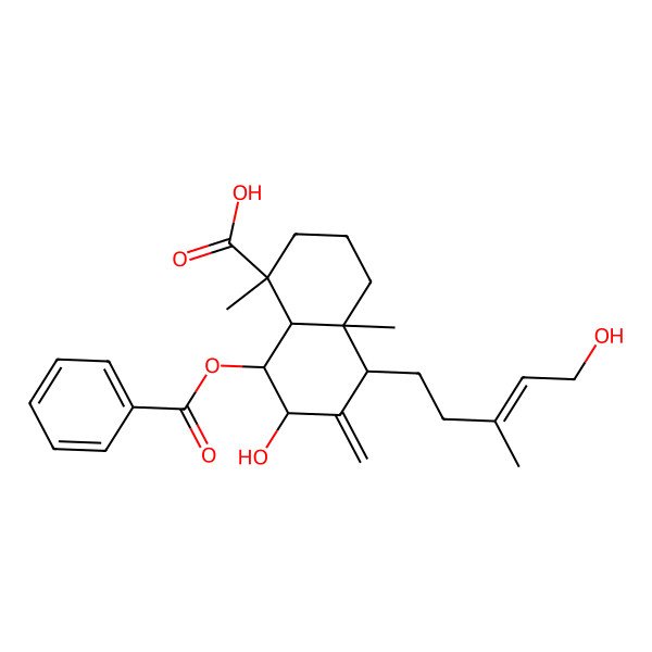 2D Structure of (1S,4aR,5S,7S,8S,8aR)-8-benzoyloxy-7-hydroxy-5-[(E)-5-hydroxy-3-methylpent-3-enyl]-1,4a-dimethyl-6-methylidene-3,4,5,7,8,8a-hexahydro-2H-naphthalene-1-carboxylic acid