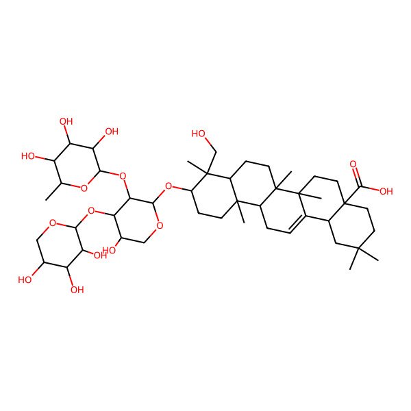 2D Structure of (4aS,6aR,6aS,6bR,8aR,9R,10R,12aR,14bS)-9-(hydroxymethyl)-10-[(2S,3R,4S,5S)-5-hydroxy-3-[(2S,3R,4R,5R,6S)-3,4,5-trihydroxy-6-methyloxan-2-yl]oxy-4-[(2S,3R,4S,5R)-3,4,5-trihydroxyoxan-2-yl]oxyoxan-2-yl]oxy-2,2,6a,6b,9,12a-hexamethyl-1,3,4,5,6,6a,7,8,8a,10,11,12,13,14b-tetradecahydropicene-4a-carboxylic acid