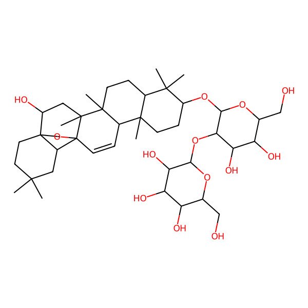 2D Structure of (2S,3R,4S,5S,6R)-2-[(2R,3R,4S,5R,6R)-4,5-dihydroxy-2-[[(1S,2S,4S,5R,8S,10S,13S,14R,17S,18S)-2-hydroxy-4,5,9,9,13,20,20-heptamethyl-24-oxahexacyclo[15.5.2.01,18.04,17.05,14.08,13]tetracos-15-en-10-yl]oxy]-6-(hydroxymethyl)oxan-3-yl]oxy-6-(hydroxymethyl)oxane-3,4,5-triol