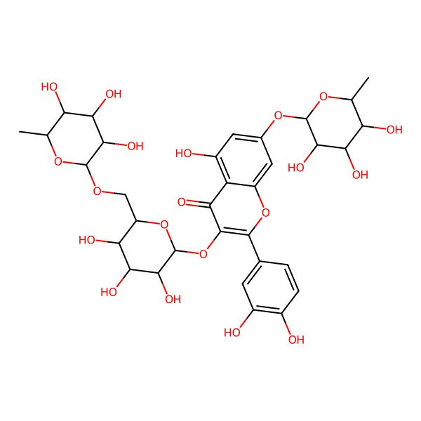 2D Structure of 2-(3,4-dihydroxyphenyl)-5-hydroxy-7-[(2R,3S,4S,5S,6R)-3,4,5-trihydroxy-6-methyloxan-2-yl]oxy-3-[(2S,3R,4S,5R,6R)-3,4,5-trihydroxy-6-[[(2R,3R,4R,5R,6S)-3,4,5-trihydroxy-6-methyloxan-2-yl]oxymethyl]oxan-2-yl]oxychromen-4-one