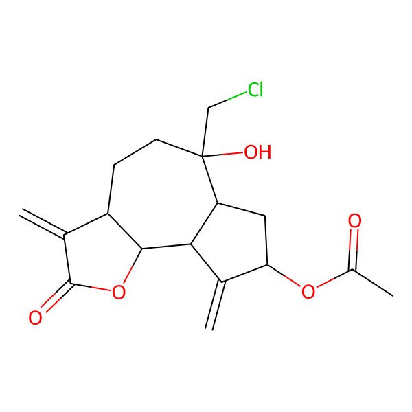 2D Structure of [(3aS,6S,6aR,8S,9aR,9bS)-6-(chloromethyl)-6-hydroxy-3,9-dimethylidene-2-oxo-3a,4,5,6a,7,8,9a,9b-octahydroazuleno[4,5-b]furan-8-yl] acetate