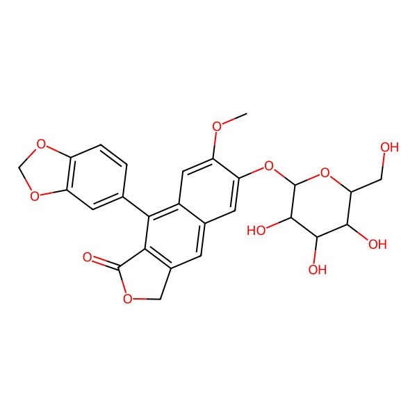 2D Structure of 4-(1,3-benzodioxol-5-yl)-6-methoxy-7-[(2S,3R,4S,5S,6R)-3,4,5-trihydroxy-6-(hydroxymethyl)oxan-2-yl]oxy-1H-benzo[f][2]benzofuran-3-one