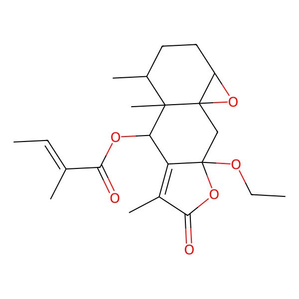 2D Structure of (3-Ethoxy-6,9,10-trimethyl-5-oxo-4,14-dioxatetracyclo[7.5.0.01,13.03,7]tetradec-6-en-8-yl) 2-methylbut-2-enoate