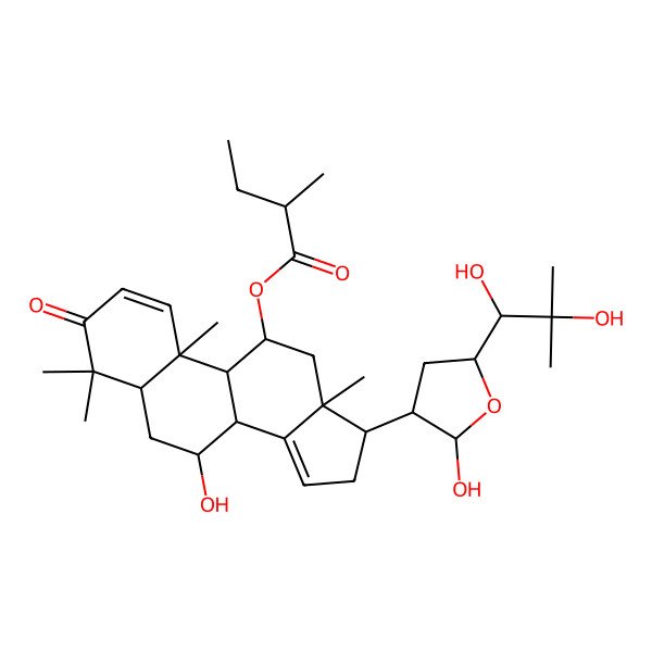 2D Structure of [(5R,7R,8R,9S,10S,11R,13S,17S)-17-[(2S,3S,5R)-5-[(1S)-1,2-dihydroxy-2-methylpropyl]-2-hydroxyoxolan-3-yl]-7-hydroxy-4,4,10,13-tetramethyl-3-oxo-6,7,8,9,11,12,16,17-octahydro-5H-cyclopenta[a]phenanthren-11-yl] (2R)-2-methylbutanoate