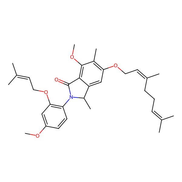 2D Structure of 5-(3,7-dimethylocta-2,6-dienoxy)-7-methoxy-2-[4-methoxy-2-(3-methylbut-2-enoxy)phenyl]-3,6-dimethyl-3H-isoindol-1-one