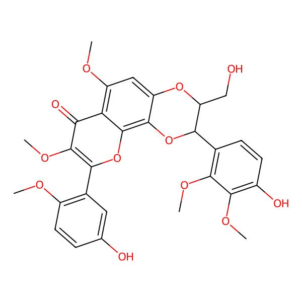 2D Structure of 2-(4-Hydroxy-2,3-dimethoxyphenyl)-9-(5-hydroxy-2-methoxyphenyl)-3-(hydroxymethyl)-6,8-dimethoxy-2,3-dihydropyrano[3,2-h][1,4]benzodioxin-7-one