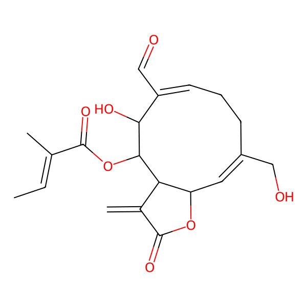 2D Structure of [(3aS,4S,5S,6E,10Z,11aR)-6-formyl-5-hydroxy-10-(hydroxymethyl)-3-methylidene-2-oxo-3a,4,5,8,9,11a-hexahydrocyclodeca[b]furan-4-yl] (Z)-2-methylbut-2-enoate