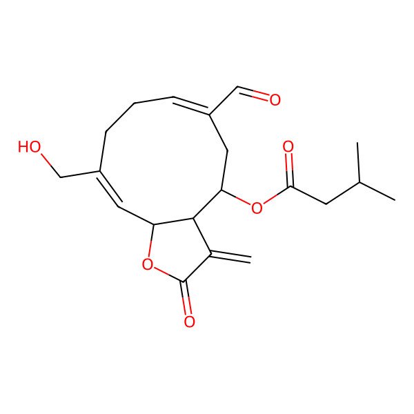 2D Structure of [(3aR,4R,6E,10Z,11aR)-6-formyl-10-(hydroxymethyl)-3-methylidene-2-oxo-3a,4,5,8,9,11a-hexahydrocyclodeca[b]furan-4-yl] 3-methylbutanoate