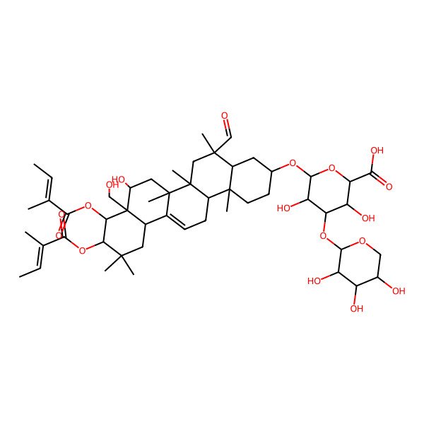2D Structure of 6-[[5-Formyl-8-hydroxy-8a-(hydroxymethyl)-5,6a,6b,11,11,14b-hexamethyl-9,10-bis(2-methylbut-2-enoyloxy)-1,2,3,4,4a,6,7,8,9,10,12,12a,14,14a-tetradecahydropicen-3-yl]oxy]-3,5-dihydroxy-4-(3,4,5-trihydroxyoxan-2-yl)oxyoxane-2-carboxylic acid