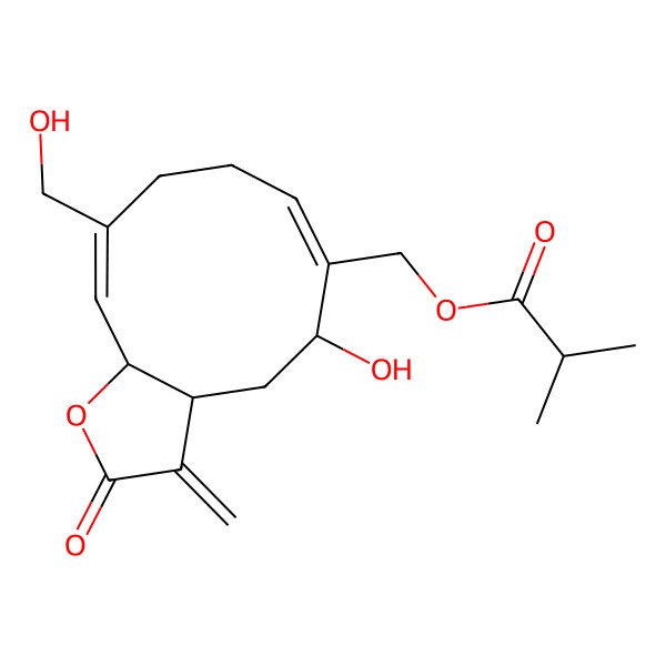 2D Structure of [(3aS,5S,6E,10Z,11aR)-5-hydroxy-10-(hydroxymethyl)-3-methylidene-2-oxo-3a,4,5,8,9,11a-hexahydrocyclodeca[b]furan-6-yl]methyl 2-methylpropanoate
