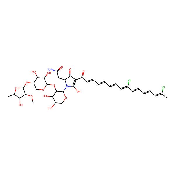2D Structure of 2-[(2S)-4-[(2E,4E,6E,8Z,10E,12E,14Z)-9,15-dichlorohexadeca-2,4,6,8,10,12,14-heptaenoyl]-1-[(3S,4R,5R)-3-[(2S,3S,4R,5R)-3,4-dihydroxy-5-[(2S,3S,4R,5R)-4-hydroxy-3-methoxy-5-methyloxolan-2-yl]oxyoxan-2-yl]oxy-4,5-dihydroxyoxan-2-yl]-5-hydroxy-3-oxo-2H-pyrrol-2-yl]acetamide