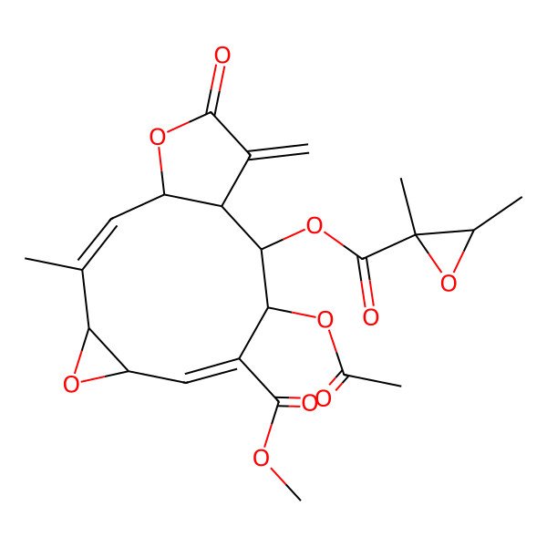 2D Structure of methyl (1R,2Z,4S,6R,7E,9S,10S,11S)-9-acetyloxy-10-[(2R,3S)-2,3-dimethyloxirane-2-carbonyl]oxy-3-methyl-12-methylidene-13-oxo-5,14-dioxatricyclo[9.3.0.04,6]tetradeca-2,7-diene-8-carboxylate