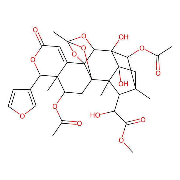 2D Structure of methyl (2S)-2-[(1R,3R,4R,5R,10S,12R,14S,15R,16S,19R,20S,22R)-3,22-diacetyloxy-5-(furan-3-yl)-15,16-dihydroxy-4,12,18,20-tetramethyl-7-oxo-6,11,13,21-tetraoxaheptacyclo[10.8.1.115,18.01,10.04,9.010,14.016,20]docos-8-en-19-yl]-2-hydroxyacetate