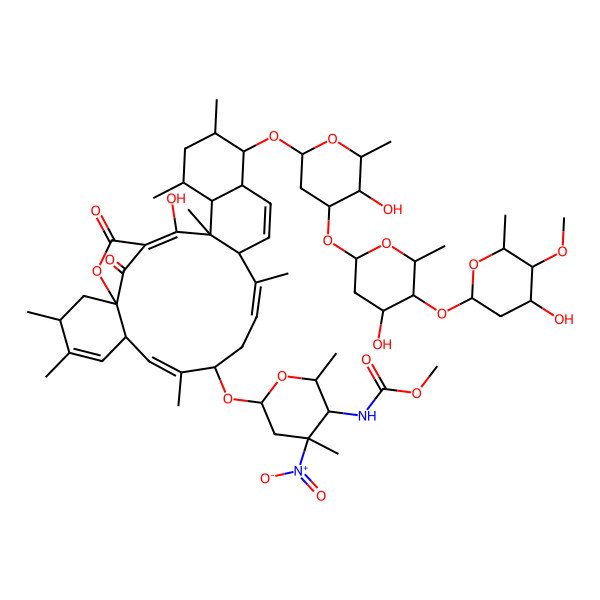 2D Structure of methyl N-[(2R,3R,4S,6R)-6-[[(1S,3R,6S,7E,9S,11E,13S,16S,17S,18S,20S,21R,22S)-23-hydroxy-17-[(2R,4R,5S,6S)-5-hydroxy-4-[(2S,4R,5R,6S)-4-hydroxy-5-[(2R,4R,5R,6S)-4-hydroxy-5-methoxy-6-methyloxan-2-yl]oxy-6-methyloxan-2-yl]oxy-6-methyloxan-2-yl]oxy-3,4,8,12,18,20,22-heptamethyl-25,27-dioxo-26-oxapentacyclo[22.2.1.01,6.013,22.016,21]heptacosa-4,7,11,14,23-pentaen-9-yl]oxy]-2,4-dimethyl-4-nitrooxan-3-yl]carbamate