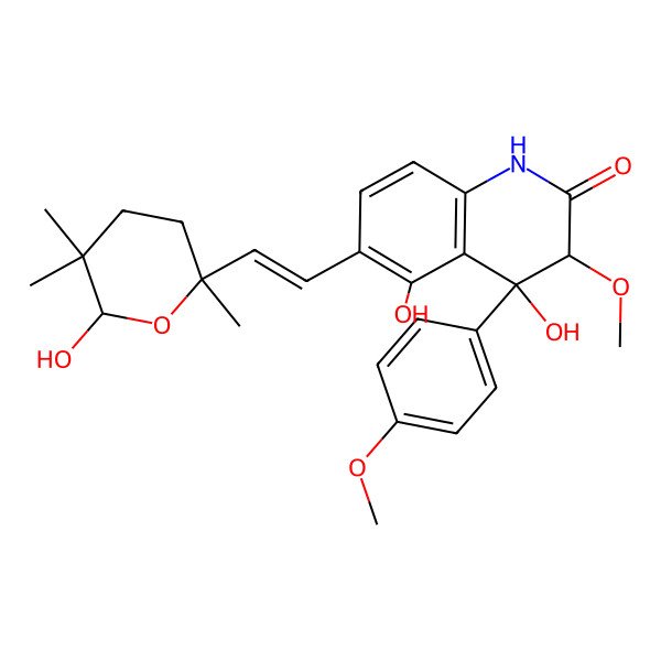 2D Structure of 4,5-Dihydroxy-6-[2-(6-hydroxy-2,5,5-trimethyloxan-2-yl)ethenyl]-3-methoxy-4-(4-methoxyphenyl)-1,3-dihydroquinolin-2-one