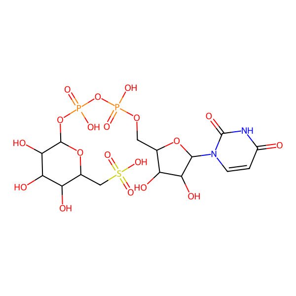 2D Structure of [(2S,3S,4S,5S,6R)-6-[[[(2R,3R,4R,5R)-5-(2,4-dioxopyrimidin-1-yl)-3,4-dihydroxyoxolan-2-yl]methoxy-hydroxyphosphoryl]oxy-hydroxyphosphoryl]oxy-3,4,5-trihydroxyoxan-2-yl]methanesulfonic acid