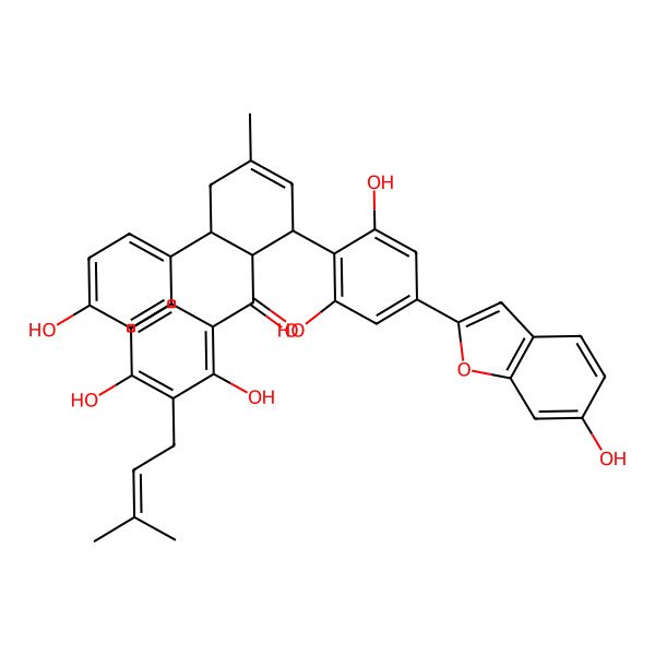 2D Structure of [(1R,2S,6S)-2-[2,6-dihydroxy-4-(6-hydroxy-1-benzofuran-2-yl)phenyl]-6-(4-hydroxyphenyl)-4-methylcyclohex-3-en-1-yl]-[2,4-dihydroxy-3-(3-methylbut-2-enyl)phenyl]methanone