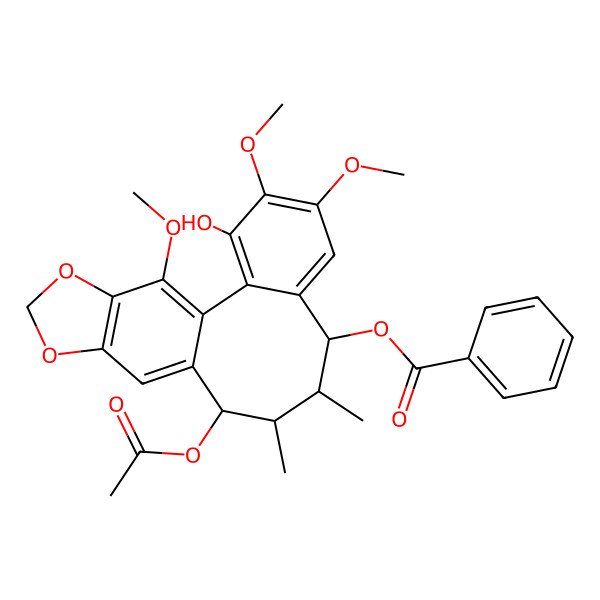 2D Structure of [(8R,9S,10R,11R)-11-acetyloxy-3-hydroxy-4,5,19-trimethoxy-9,10-dimethyl-15,17-dioxatetracyclo[10.7.0.02,7.014,18]nonadeca-1(19),2,4,6,12,14(18)-hexaen-8-yl] benzoate