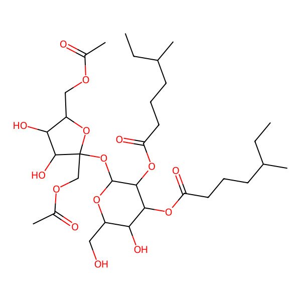 2D Structure of [(2R,3R,4S,5R,6R)-2-[(2S,3S,4S,5R)-2,5-bis(acetyloxymethyl)-3,4-dihydroxyoxolan-2-yl]oxy-5-hydroxy-6-(hydroxymethyl)-3-[(5R)-5-methylheptanoyl]oxyoxan-4-yl] (5S)-5-methylheptanoate