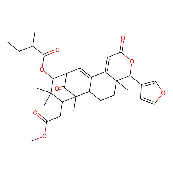 2D Structure of [(1R,2S,5R,6R,13S,14R,16S)-6-(furan-3-yl)-16-(2-methoxy-2-oxoethyl)-1,5,15,15-tetramethyl-8,17-dioxo-7-oxatetracyclo[11.3.1.02,11.05,10]heptadeca-9,11-dien-14-yl] (2S)-2-methylbutanoate