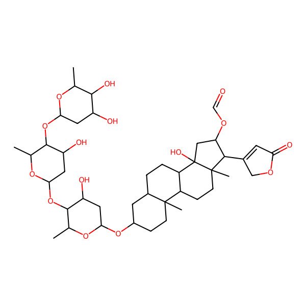 2D Structure of [(3R,5R,8R,9S,10S,13R,14S,16R,17R)-3-[(2R,4S,5S,6R)-5-[(2S,4S,5S,6R)-5-[(2R,4S,5S,6R)-4,5-dihydroxy-6-methyloxan-2-yl]oxy-4-hydroxy-6-methyloxan-2-yl]oxy-4-hydroxy-6-methyloxan-2-yl]oxy-14-hydroxy-10,13-dimethyl-17-(5-oxo-2H-furan-3-yl)-1,2,3,4,5,6,7,8,9,11,12,15,16,17-tetradecahydrocyclopenta[a]phenanthren-16-yl] formate
