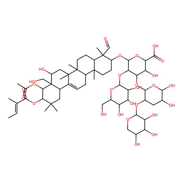 2D Structure of (2S,3S,4S,5R,6R)-6-[[(3S,4S,4aR,6aR,6bS,8R,8aR,9R,10R,12aS,14aR,14bR)-9-acetyloxy-4-formyl-8-hydroxy-8a-(hydroxymethyl)-4,6a,6b,11,11,14b-hexamethyl-10-[(E)-2-methylbut-2-enoyl]oxy-1,2,3,4a,5,6,7,8,9,10,12,12a,14,14a-tetradecahydropicen-3-yl]oxy]-4-[(2R,3R,5R,6S)-5,6-dihydroxy-3-[(2S,3R,4S,5R)-3,4,5-trihydroxyoxan-2-yl]oxyoxan-2-yl]oxy-3-hydroxy-5-[(2S,3R,4S,5R,6R)-3,4,5-trihydroxy-6-(hydroxymethyl)oxan-2-yl]oxyoxane-2-carboxylic acid
