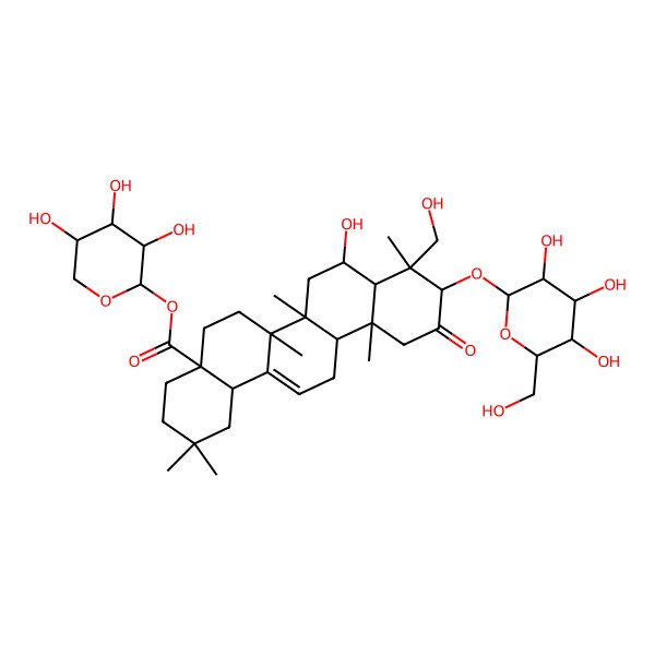 2D Structure of [(2R,3S,4S,5S)-3,4,5-trihydroxyoxan-2-yl] (4aS,6aR,6aS,6bR,8R,8aR,9R,10R,12aR,14bS)-8-hydroxy-9-(hydroxymethyl)-2,2,6a,6b,9,12a-hexamethyl-11-oxo-10-[(2R,3R,4S,5S,6R)-3,4,5-trihydroxy-6-(hydroxymethyl)oxan-2-yl]oxy-3,4,5,6,6a,7,8,8a,10,12,13,14b-dodecahydro-1H-picene-4a-carboxylate