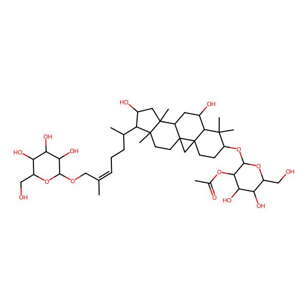 2D Structure of [(2S,3S,4R,5R,6S)-2-[[(1S,3R,6S,8S,9S,11S,12S,14S,15R,16S)-9,14-dihydroxy-7,7,12,16-tetramethyl-15-[(E,2S)-6-methyl-7-[(2S,3S,4R,5R,6S)-3,4,5-trihydroxy-6-(hydroxymethyl)oxan-2-yl]oxyhept-5-en-2-yl]-6-pentacyclo[9.7.0.01,3.03,8.012,16]octadecanyl]oxy]-4,5-dihydroxy-6-(hydroxymethyl)oxan-3-yl] acetate