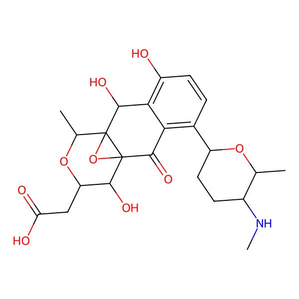 2D Structure of 2-[7,9,14-Trihydroxy-11-methyl-4-[6-methyl-5-(methylamino)oxan-2-yl]-2-oxo-12,15-dioxatetracyclo[8.4.1.01,10.03,8]pentadeca-3,5,7-trien-13-yl]acetic acid