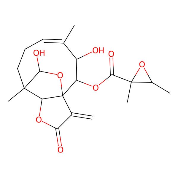 2D Structure of [(1R,2R,3R,4E,8R,9R,14S)-3,14-dihydroxy-4,8-dimethyl-12-methylidene-11-oxo-10,13-dioxatricyclo[6.4.2.01,9]tetradec-4-en-2-yl] (2S,3R)-2,3-dimethyloxirane-2-carboxylate