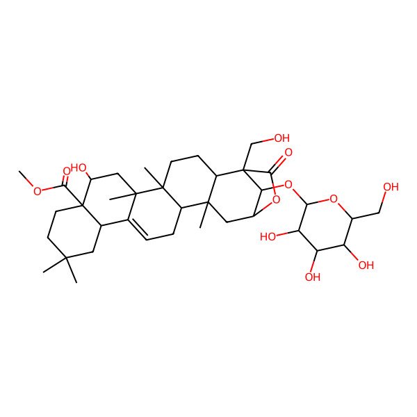 2D Structure of methyl (1S,2R,5R,6S,8R,9R,14S,18R,19R,21S,24R)-8-hydroxy-1-(hydroxymethyl)-5,6,12,12,19-pentamethyl-23-oxo-24-[(2R,3R,4S,5S,6R)-3,4,5-trihydroxy-6-(hydroxymethyl)oxan-2-yl]oxy-22-oxahexacyclo[19.2.1.02,19.05,18.06,15.09,14]tetracos-15-ene-9-carboxylate