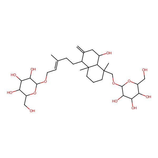 2D Structure of (2R,3R,4S,5S,6R)-2-[(E)-5-[(1S,4S,4aR,5R,8aR)-4-hydroxy-5,8a-dimethyl-2-methylidene-5-[[(2R,3R,4S,5S,6R)-3,4,5-trihydroxy-6-(hydroxymethyl)oxan-2-yl]oxymethyl]-3,4,4a,6,7,8-hexahydro-1H-naphthalen-1-yl]-3-methylpent-2-enoxy]-6-(hydroxymethyl)oxane-3,4,5-triol