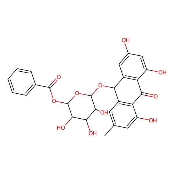 2D Structure of [(2S,3R,4R,5R,6R)-3,4,5-trihydroxy-6-[[(9R)-2,4,5-trihydroxy-7-methyl-10-oxo-9H-anthracen-9-yl]oxy]oxan-2-yl] benzoate