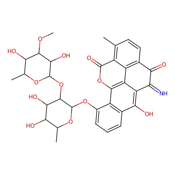 2D Structure of 3-[3-(3,5-Dihydroxy-4-methoxy-6-methyloxan-2-yl)oxy-4,5-dihydroxy-6-methyloxan-2-yl]oxy-8-hydroxy-10-imino-15-methyl-18-oxapentacyclo[10.6.2.02,7.09,19.016,20]icosa-1(19),2(7),3,5,8,12(20),13,15-octaene-11,17-dione