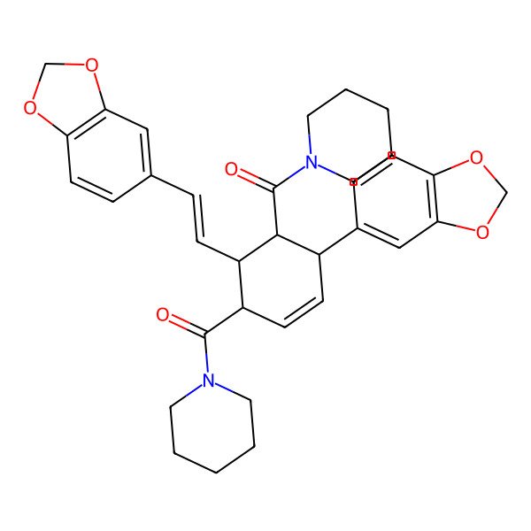 2D Structure of [(1R,4S,5S,6R)-4-(1,3-benzodioxol-5-yl)-6-[(E)-2-(1,3-benzodioxol-5-yl)ethenyl]-5-(piperidine-1-carbonyl)cyclohex-2-en-1-yl]-piperidin-1-ylmethanone