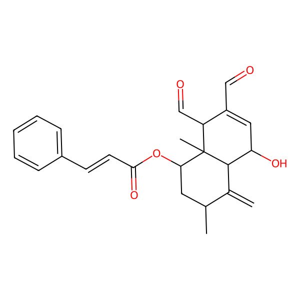2D Structure of (1R)-4alpha-Hydroxy-5-methylene-6beta,8abeta-dimethyl-8beta-(cinnamoyloxy)-1,4,4aalpha,5,6,7,8,8a-octahydronaphthalene-1beta,2-dicarbaldehyde 2D Structure of (1R)-4alpha-Hydroxy-5-methylene-6beta,8abeta-dimethyl-8beta-(cinnamoyloxy)-1,4,4aalpha,5,6,7,8,8a-octahydronaphthalene-1beta,2-dicarbaldehyde