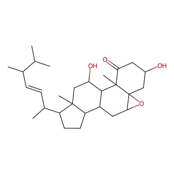 2D Structure of 15-(5,6-Dimethylhept-3-en-2-yl)-5,18-dihydroxy-2,16-dimethyl-8-oxapentacyclo[9.7.0.02,7.07,9.012,16]octadecan-3-one
