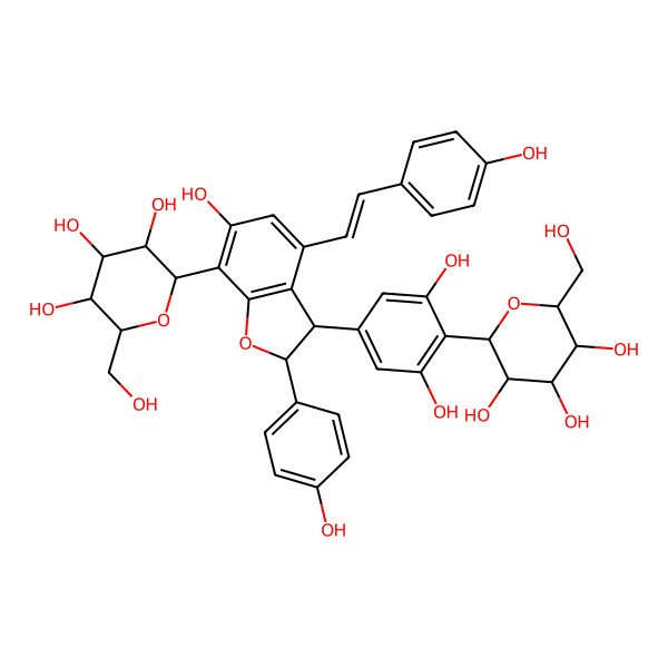 2D Structure of 2-[2,6-Dihydroxy-4-[6-hydroxy-2-(4-hydroxyphenyl)-4-[2-(4-hydroxyphenyl)ethenyl]-7-[3,4,5-trihydroxy-6-(hydroxymethyl)oxan-2-yl]-2,3-dihydro-1-benzofuran-3-yl]phenyl]-6-(hydroxymethyl)oxane-3,4,5-triol